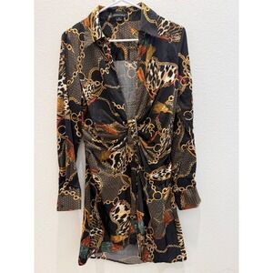 Hers & Mine Leopard Chain Print Twist Front Mini Dress Black Gold Women's Medium